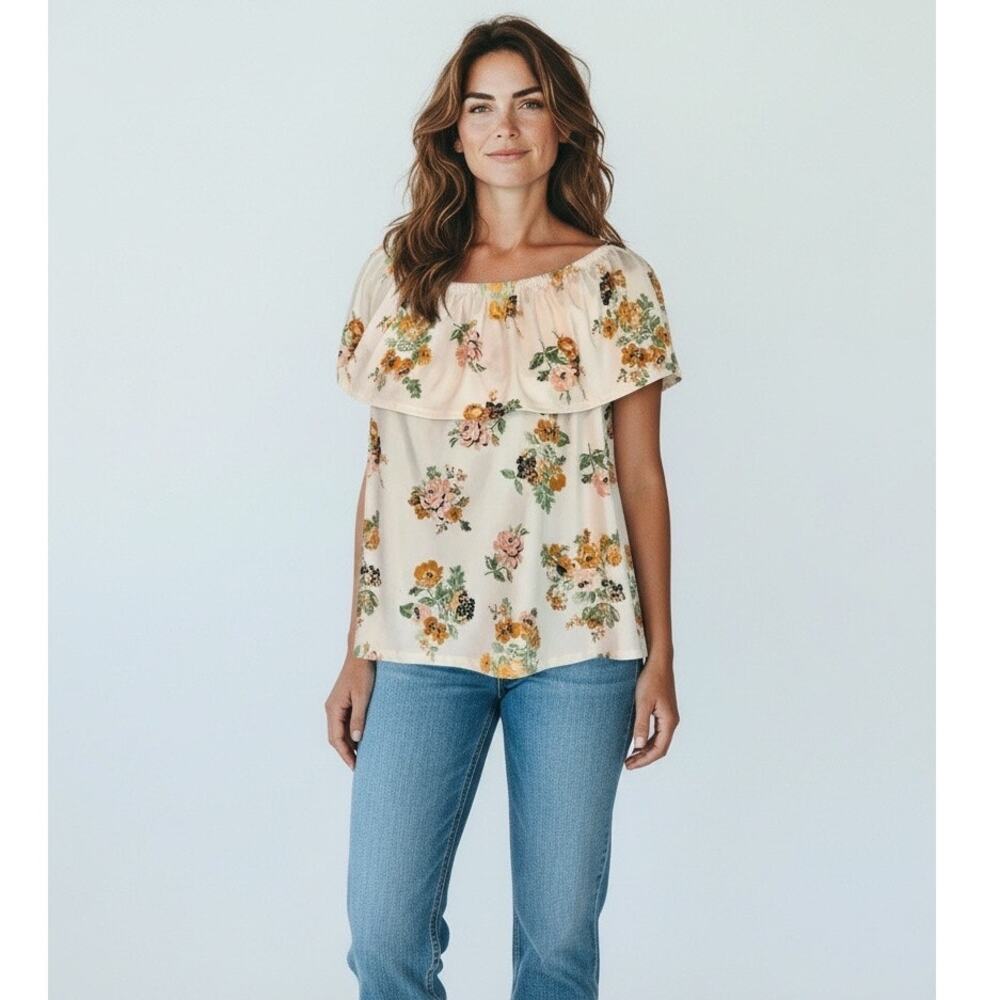 floral print cottagecore coquette flounce off the shoulder Pinc top Size Medium